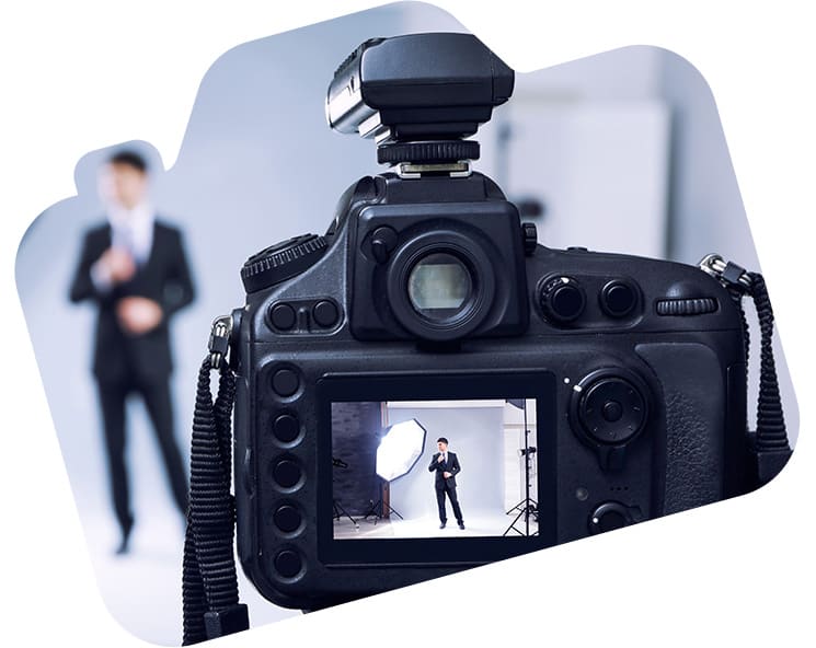 model in photo studio inside the shape of a stylized camera